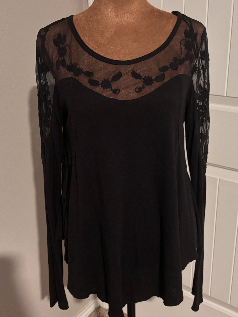 Free People Women's Black Long-Sleeve Sheer Yoke Top